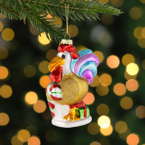 5" Gold and Red Rooster Glass Christmas Ornament