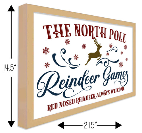 The North Pole Reindeer Games 14.5" x 21.5" Framed Christmas Wall Decor Art Print Sign Poster in a Natural Wooden Frame with UV Acrylic and Hangers