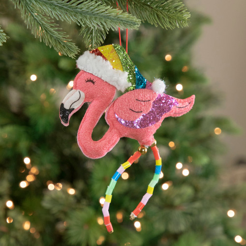 7.5" Pink Plush Flamingo with Rainbow Santa Hat Christmas Ornament