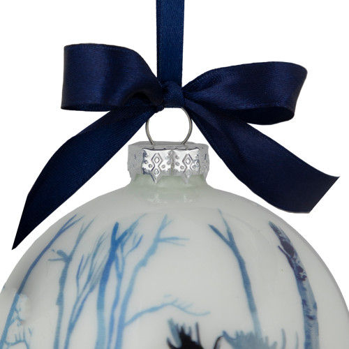 4" White and Blue Moose Glass Christmas Ball Ornament