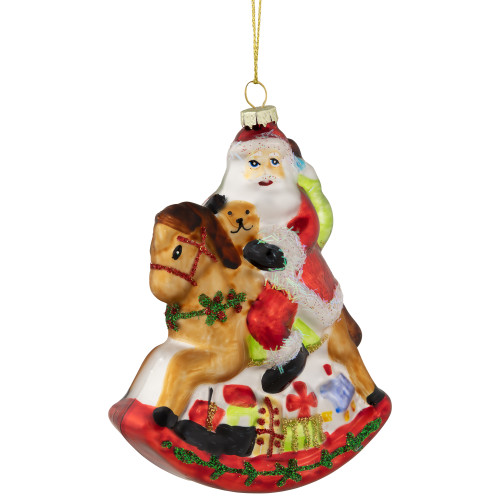 4.75" Santa on a Rocking Horse Glittered Glass Christmas Ornament