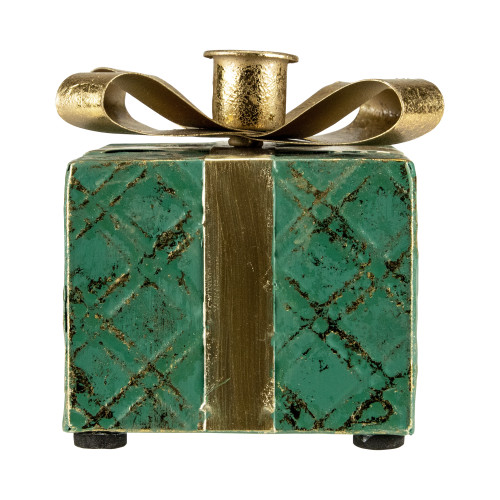 4.5" Green Metal Gift Box Christmas Taper Candle Holder