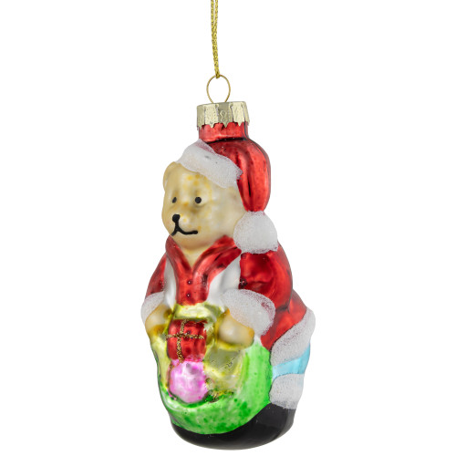 3.25" Santa Bear with Gift Bag Glass Christmas Ornament