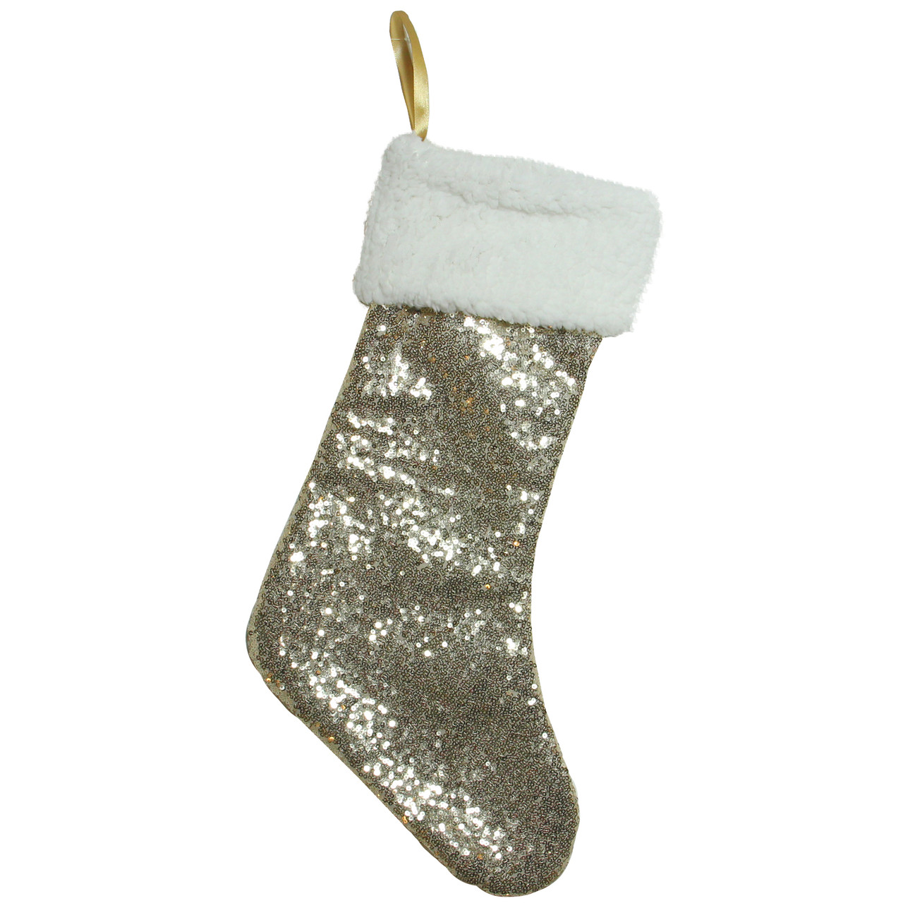 18" Gold Paillette Sequins Christmas Stocking with High Pile Fleece Cuff