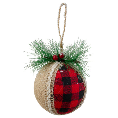 Set of 4 Red and Black Plaid with Burlap Christmas Ball Ornaments 6" (152mm)