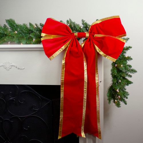 24" x 38" Red 4-Loop Velveteen Christmas Bow with Gold Trim
