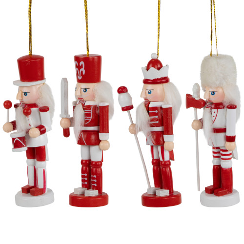 Nutcracker Soldiers Wooden Christmas Ornaments - 5" - Red and White - Set of 4