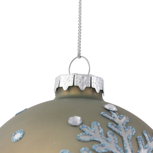 Set of 2 Matte Dusty Khaki Glittered Snowflakes Jeweled Glass Christmas Ball Ornaments 4"