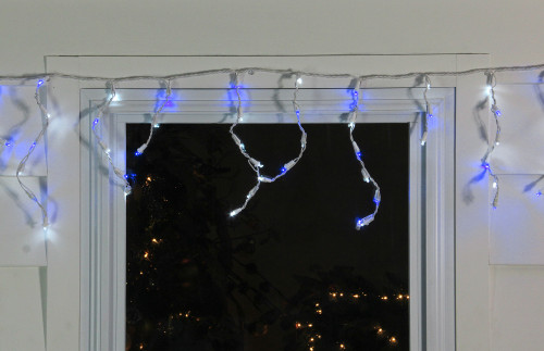 100ct Blue and Pure White LED Wide Angle Icicle Christmas Lights, 5.5 ft White Wire