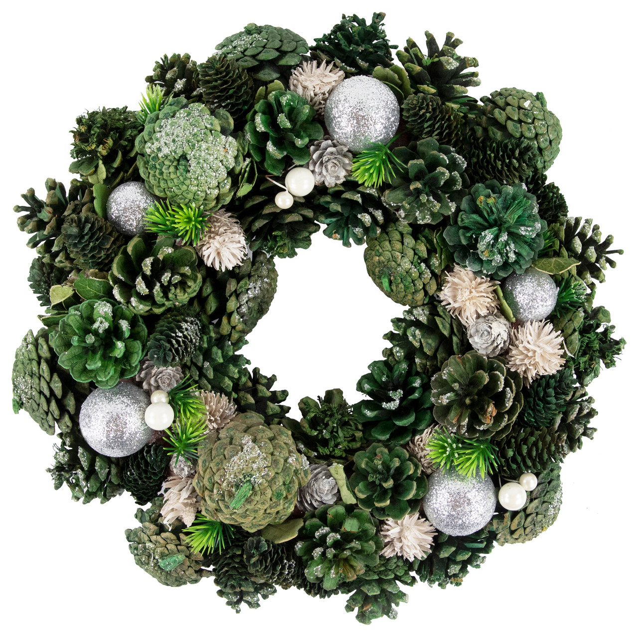 Green Pinecone and Foliage Artificial Christmas Wreath, 14-Inch, Unlit