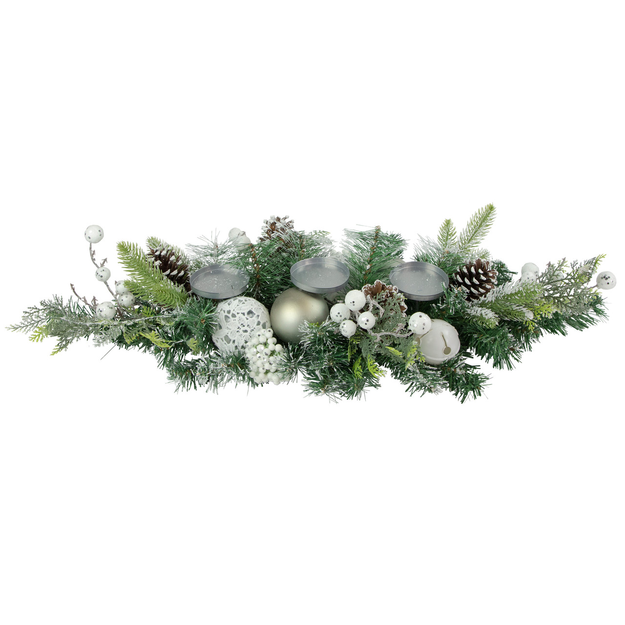 Frosted Pine and Pinecones with Laced Ornaments Christmas Triple Candle Holder - 32"