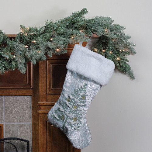 20" Snow Covered Green Tree Gray Christmas Stocking with White Cuff