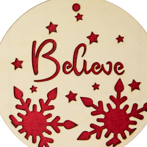 7" Round "Believe" Christmas Ornament Disc with Snowflake and Star Cutouts