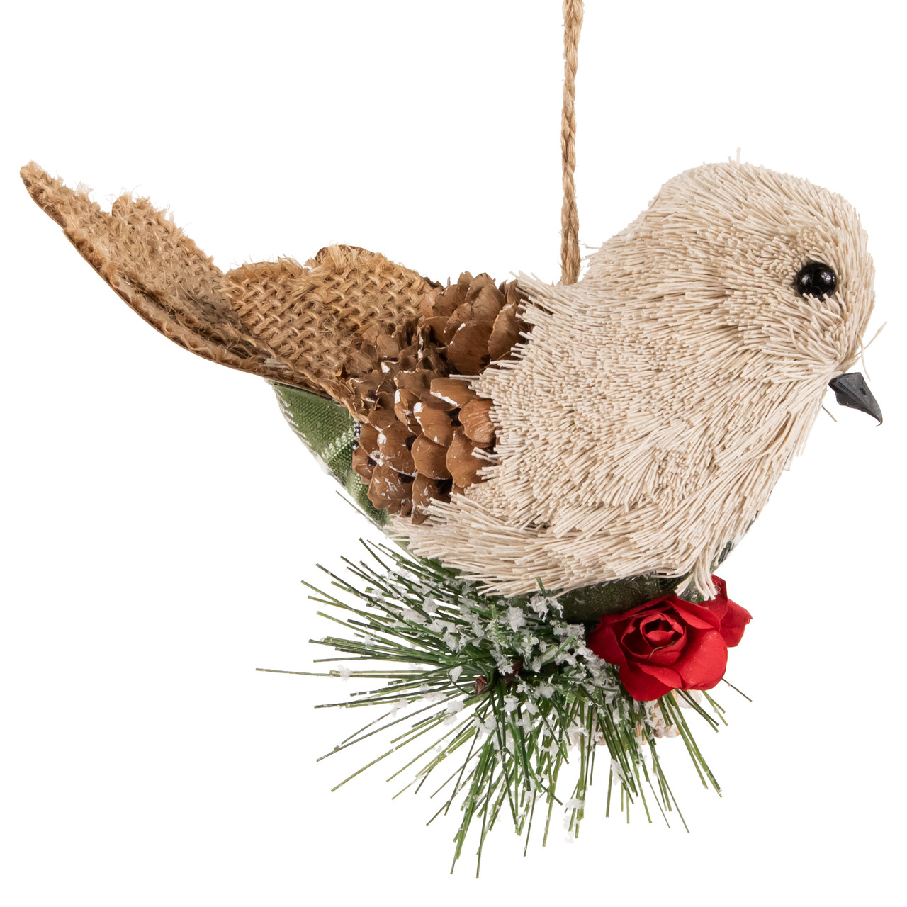 Front Facing Bird on Frosted Pine Needle Christmas Ornament - 6.75"