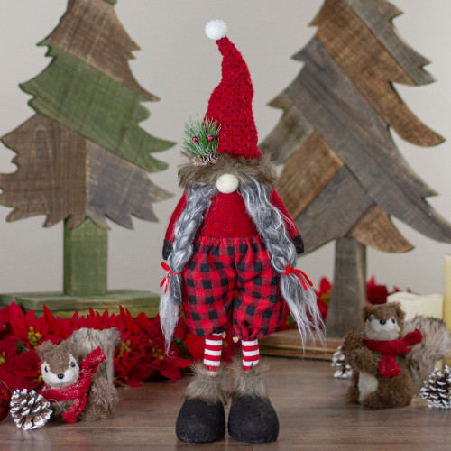 Buffalo Plaid Girl Gnome with Pigtails Christmas Figure - 17" - Red and Black