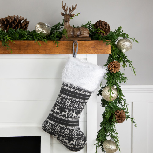 19" Gray and White Reindeer and Snowflake Knit Christmas Stocking with Faux Fur Cuff
