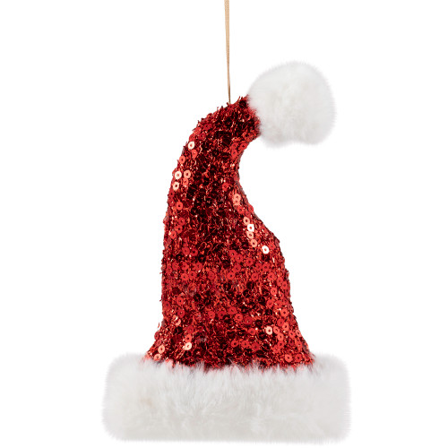 Sequined Santa Hat with Plush Trim Christmas Ornament - 8.5" - Red