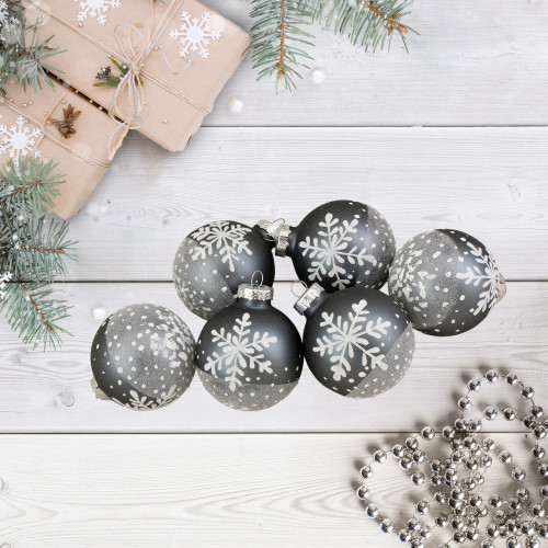 Set of 6 Gray and White Snowflake Glass Christmas Ball Ornaments 4" (101mm)