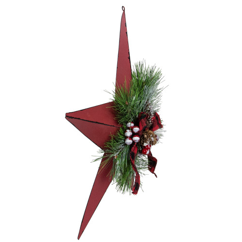 17" Red distressed 5 point Christmas Star With Plaid Ribbon with Artificial Pine