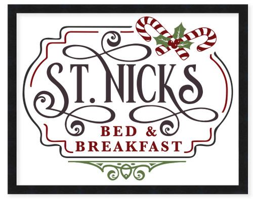 St Nick's Bed and Breakfast 15.5" x 19.5" Framed Christmas Wall Decor Art Print Sign Poster in a Black Wooden Frame with UV Acrylic and Hangers