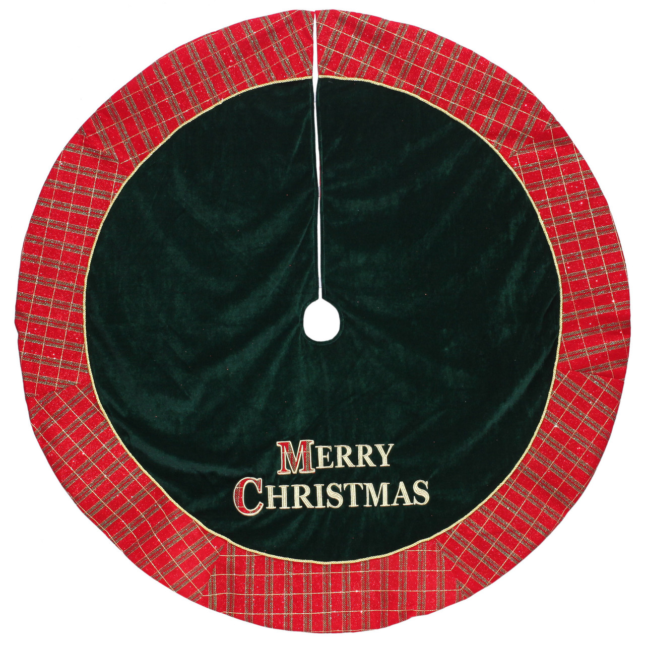 48" Red and Green 'MERRY CHRISTMAS' Plaid Christmas Tree Skirt