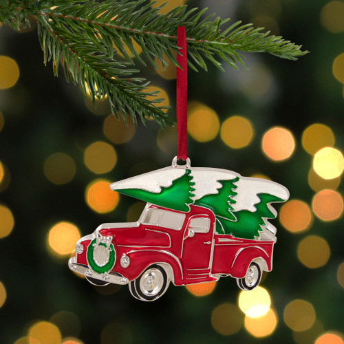 3.5" Red and Silver Country Pick Up Truck with European Crystals Christmas Ornament