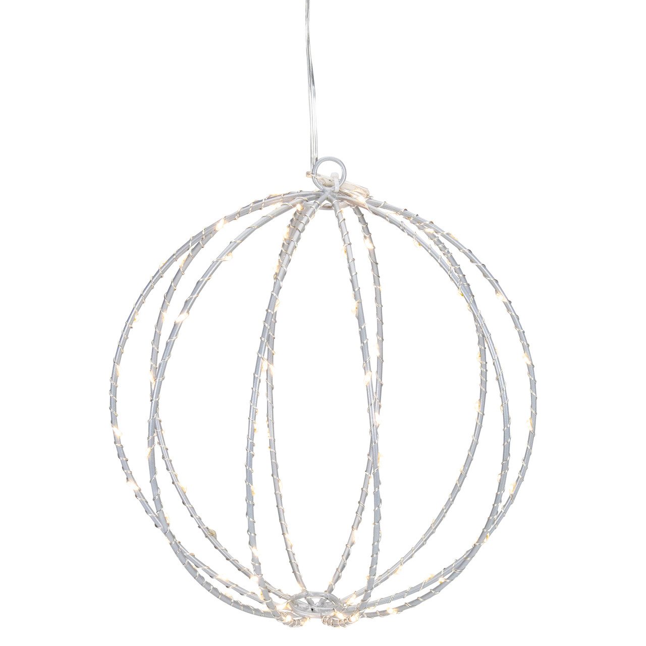 LED Lighted Hanging Ball Christmas Decoration - 8" - Silver - Warm White Lights