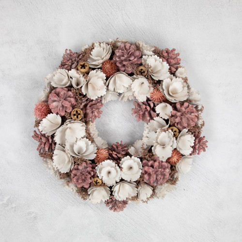 13" White and Pink Wooden Floral Christmas Wreath with Pinecones