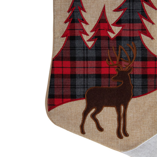 19" Beige and Red Plaid Reindeer With Forest Trees Christmas Stocking