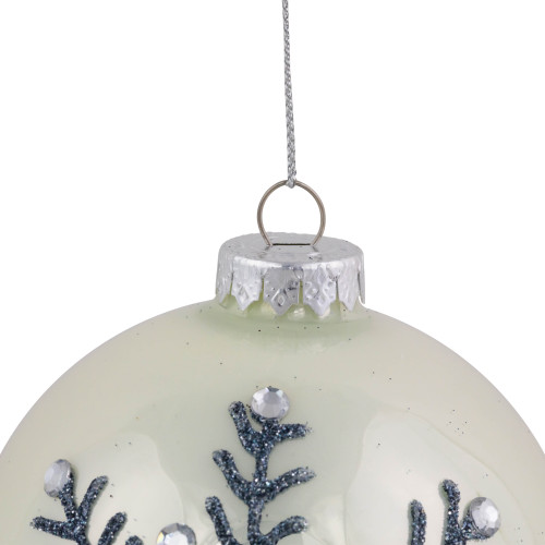 Set of 2 Shiny Pearl White Glittered Snowflake Glass Christmas Ball Ornaments 4"