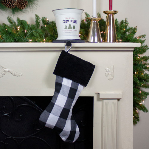 20" White and Black Buffalo Plaid Christmas Stocking with Cuff