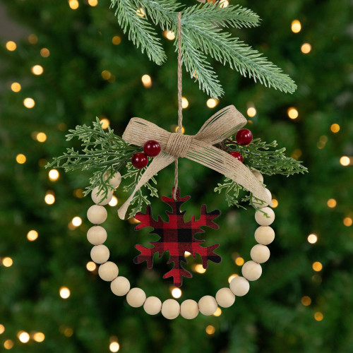 Buffalo Plaid Snowflake Wooden Beads Christmas Wreath Ornament - 7"