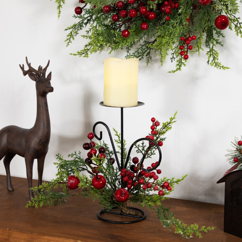 Apples and Berries Christmas Pillar Candle Holder - 10" - Green and Red