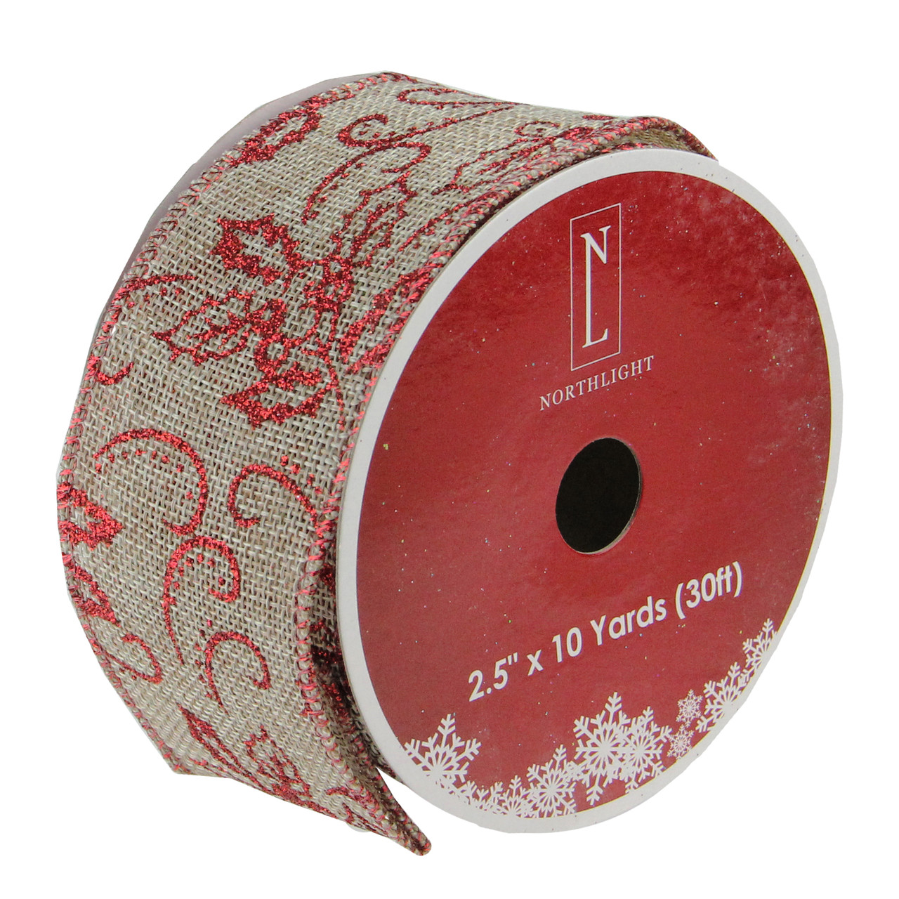 Red and Beige Christmas Wired Craft Ribbon 2.5" x 10 Yards