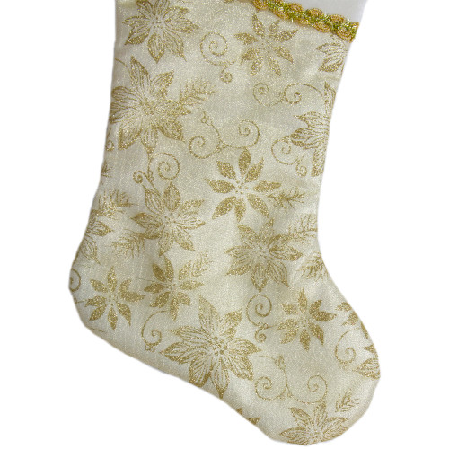 20.5-Inch Gold and White Glitter Poinsettia Christmas Stocking With a Velvet Cuff
