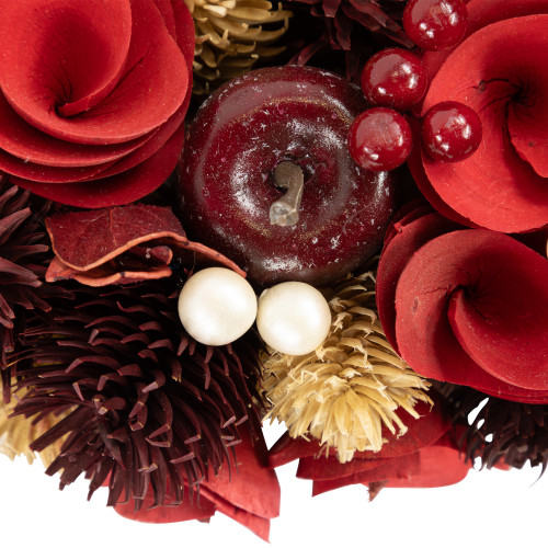 Wooden Roses, Apples and Pearls Artificial Christmas Wreath - 13" - Unlit - Red