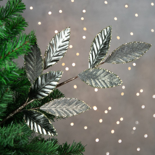 28" Gray Glitter Textured Leaves Christmas Spray