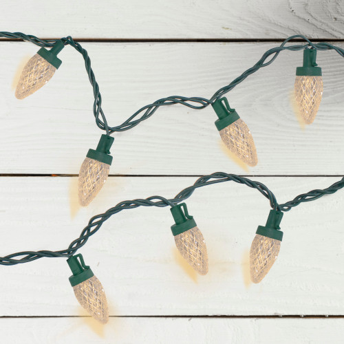50 Count Warm White LED C7 Faceted Christmas Lights, 20.25 ft Green Wire