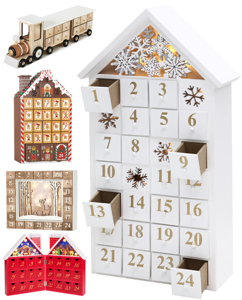 BRUBAKER Reusable Wooden Advent Calendar to Fill - White Snow House with LED Lighting - DIY Christmas Calendar 9.57 x 17.72 x 3.15 inches