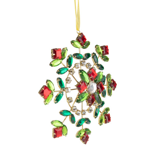 6.5" Green and Red Gem Stone Flowers Snowflake Christmas Ornament