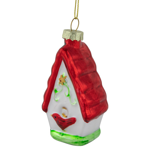 3.25" Red and White Birdhouse with Cardinal Glass Christmas Ornament