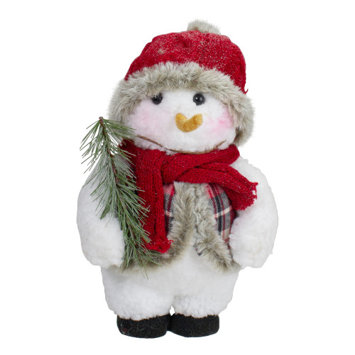 Plush Snowman with Pine Sprig Wearing Plaid Vest Christmas Figure - 10"