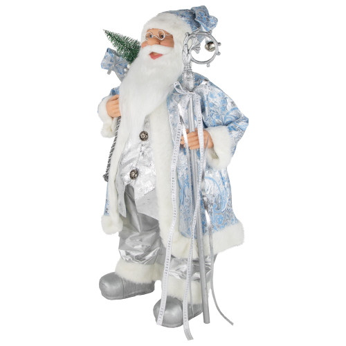 24" Blue and Silver Ice Palace Santa Claus with Staff and Bag Christmas Figure