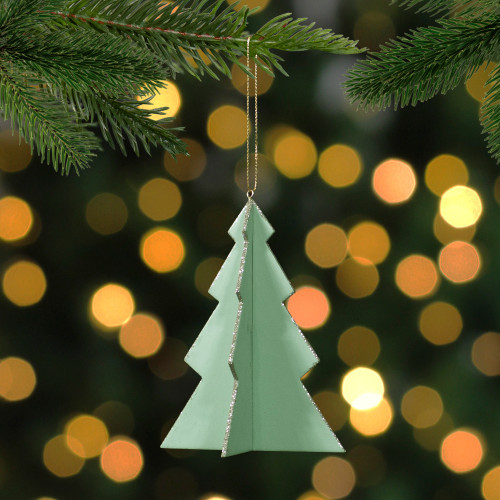 5.25" Light Green 3D Tree With Silver Glitter Wooden Christmas Ornament