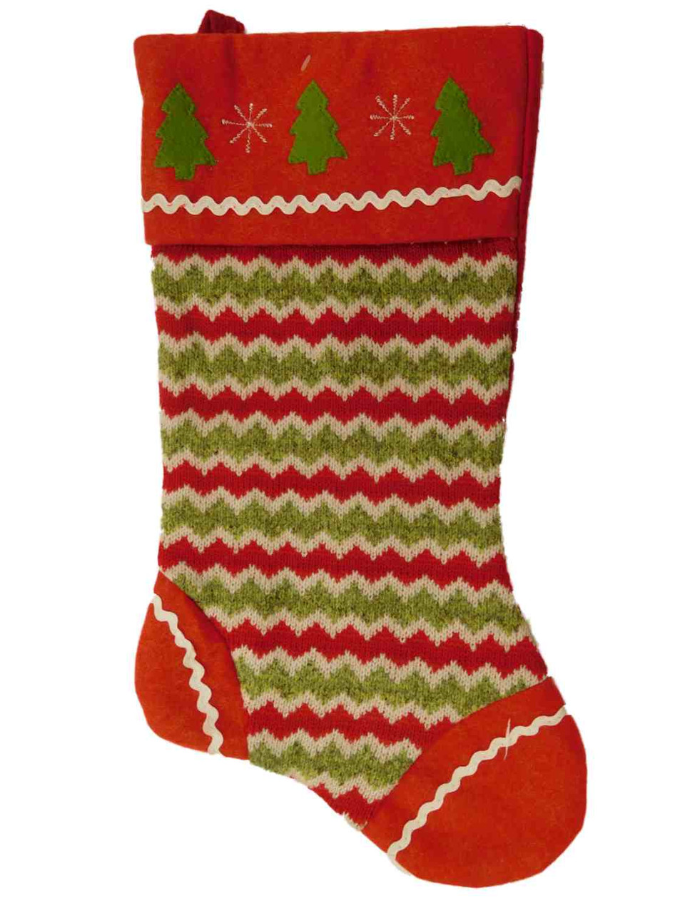 Embellished Red & Green Chevron Stripes Felt Christmas Tree Holiday Stocking