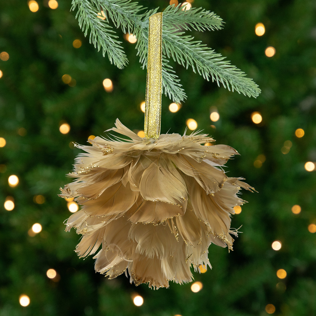 Glittery Feathers Christmas Ball Ornament - 6" - Green