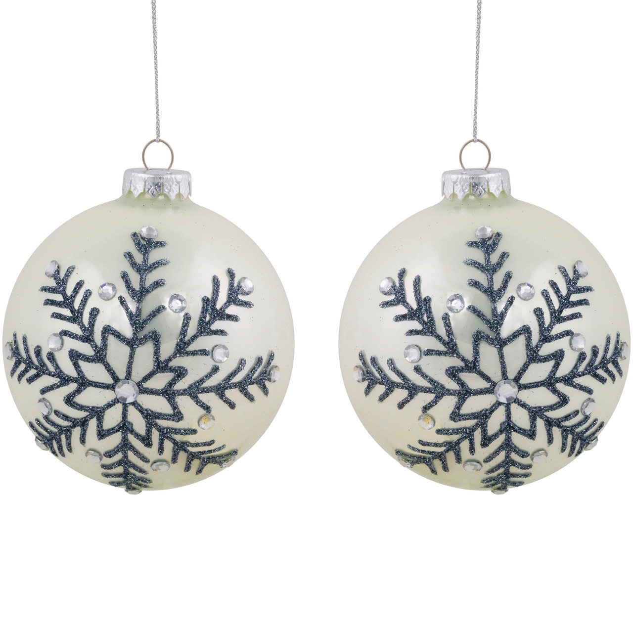 Set of 2 Shiny Pearl White Glittered Snowflake Glass Christmas Ball Ornaments 4"