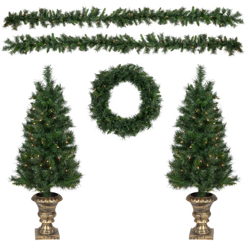 Pre-Lit Battery Operated Norwich Pine Artificial Christmas Entryway Set - 5-Piece - Clear Lights