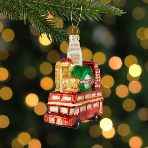 4.5" Merry Christmas Double Decker Tour Bus Glass Ornament