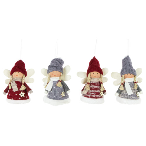 Set of 4 Red and Gray Plush Angel Christmas Ornaments 4.25"